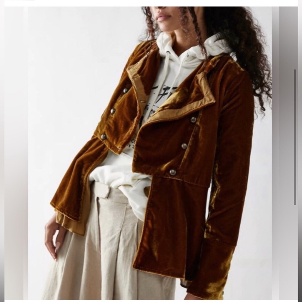 Free People Warm Tobacco Faye Velvet ruffled tiered‎ sheer Jacket Size small new